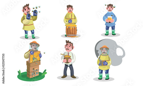 Men beekeepers in protective work clothing during job vector illustration
