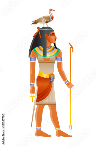 Ancient Egyptian god Geb. Deity of the Earth with goose on head. 3d cartoon vector illustration. Old mural paint art icon from Egypt. Geb Earth god isolated on white background