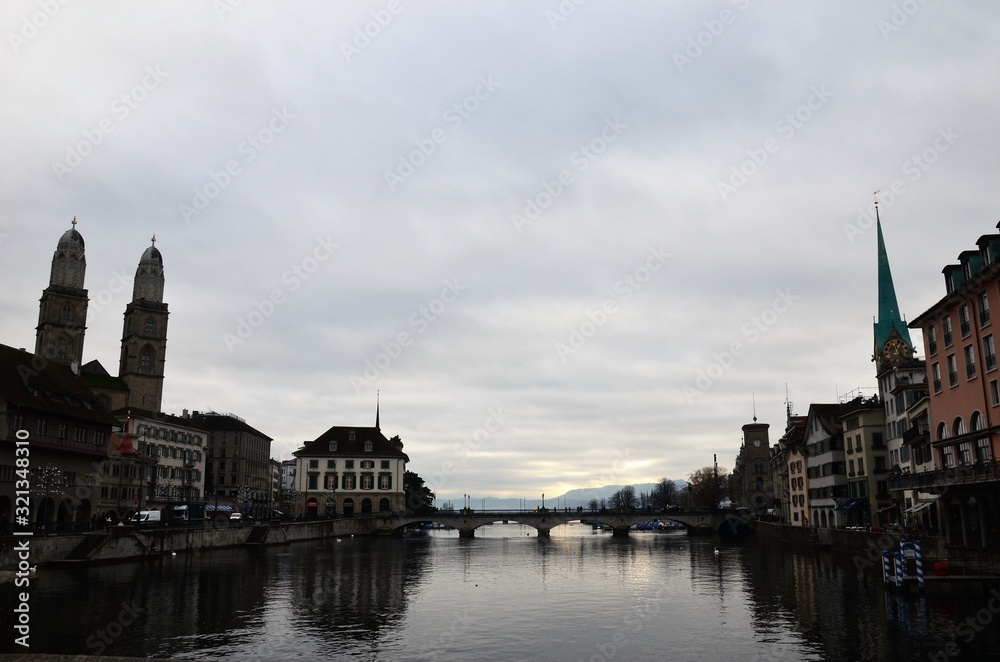 Fototapeta premium Zurich is the capital of the canton of the same name in the north-east of the country. The city was built on both banks of the Limmat River, originating in Lake Zurich. The largest city in Switzerland