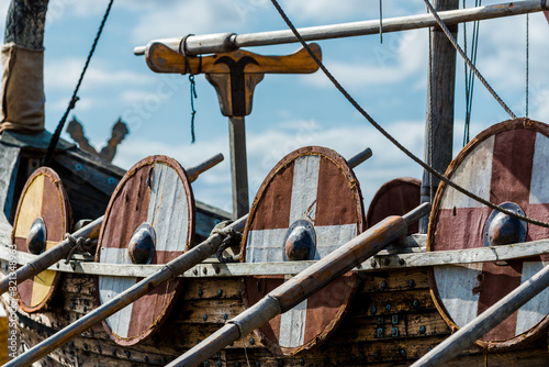 Wooden viking snekkja longship type, close-up, Finland photo