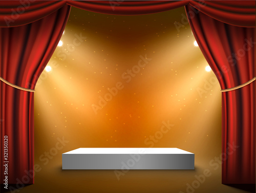 Podium vector stage background. Red curtains show light award podium with spotlight