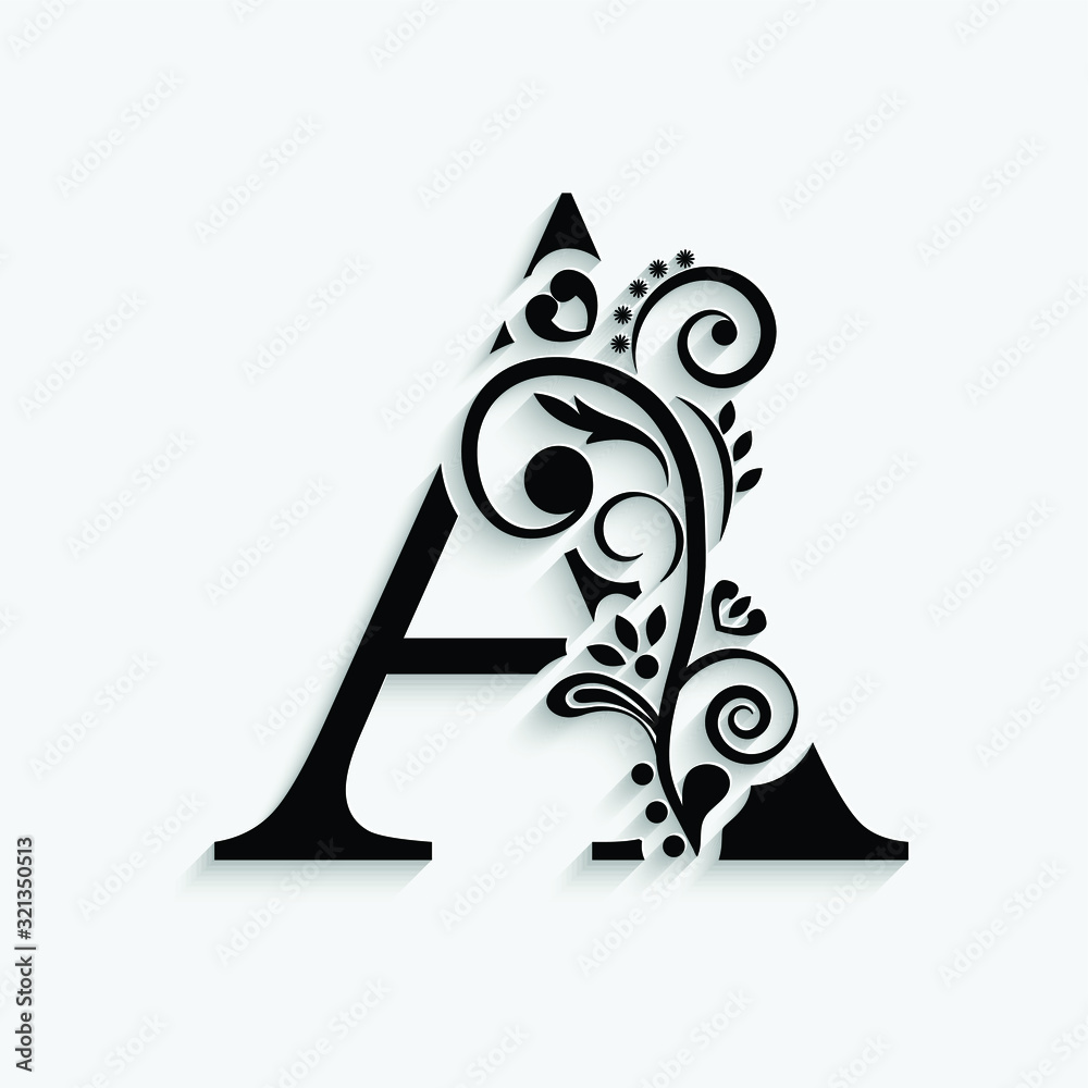 letter A. Black flower alphabet. Beautiful capital letters with ...