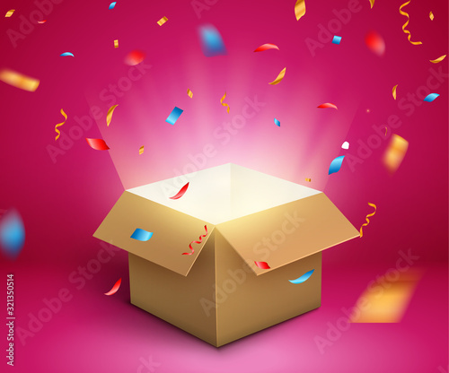 Gift box confetti explosion. Magic open surprise gift box package decoration