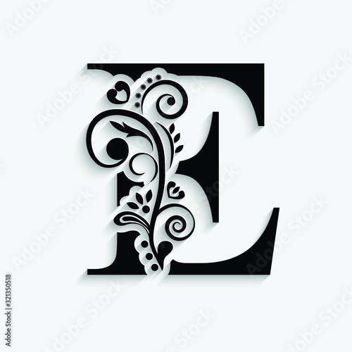 letter E. Black flower alphabet.  Beautiful capital letters with shadow