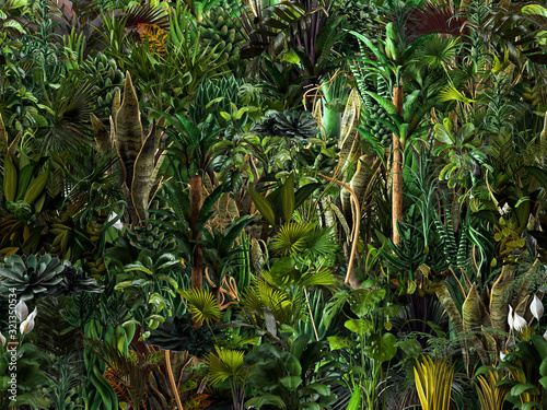 Seamless jungle horizontal pattern of exotic tropical green plants, palm tree leaves, banana trees, monstera leaves, flowers. 3D nature illustration, wallpaper, seamless summer print, dark background