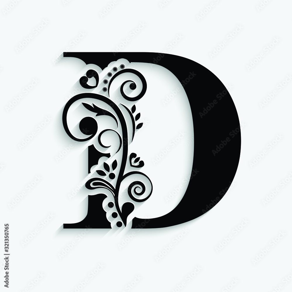 letter D. Black flower alphabet. Beautiful capital letters with ...