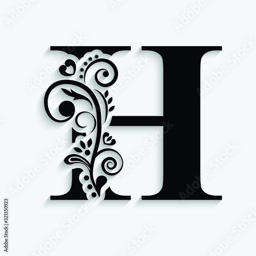 letter H. Black flower alphabet.  Beautiful capital letters with shadow