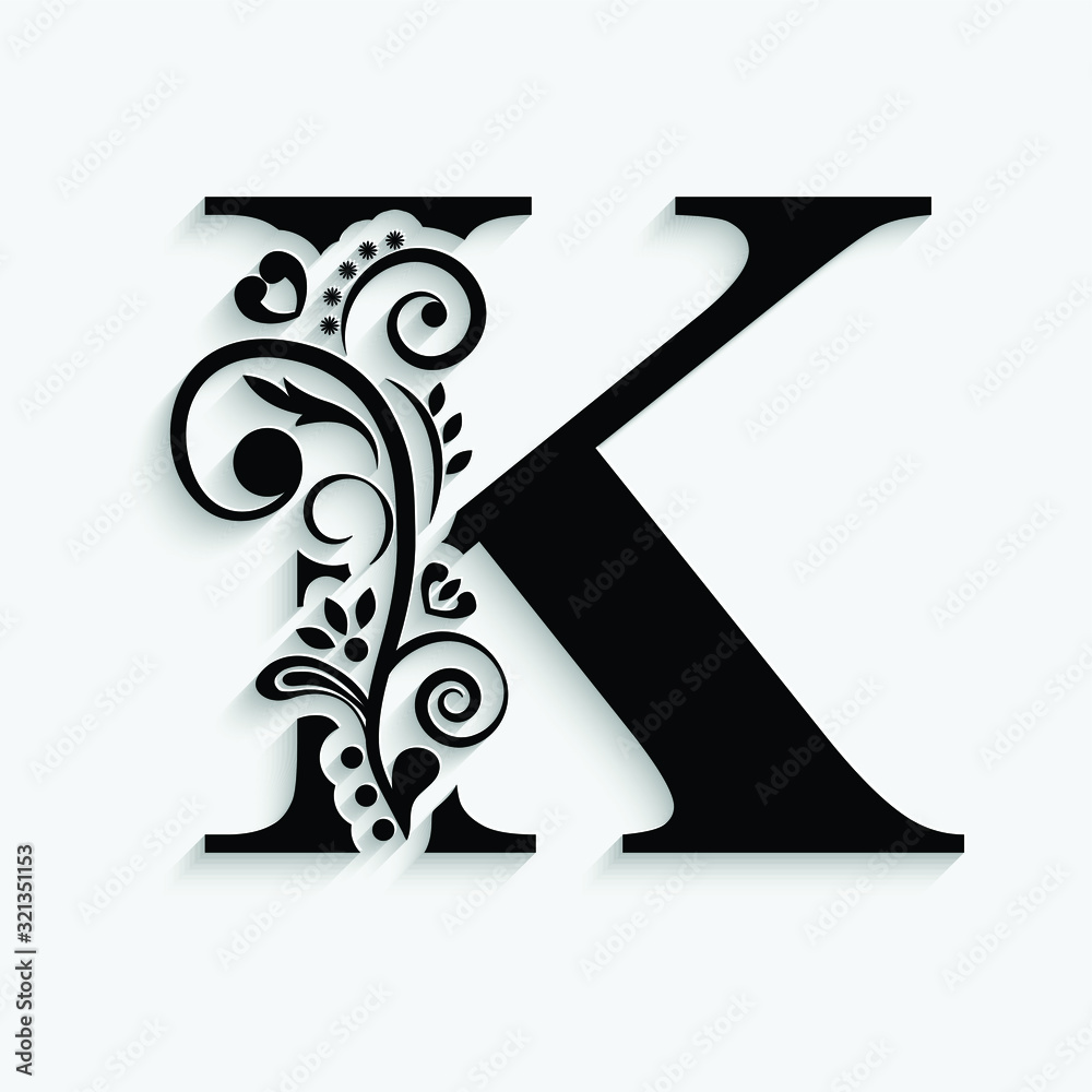 letter K. Black flower alphabet. Beautiful capital letters with ...