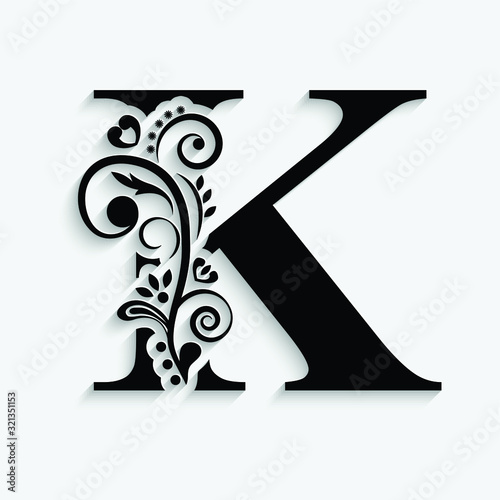 letter K. Black flower alphabet.  Beautiful capital letters with shadow