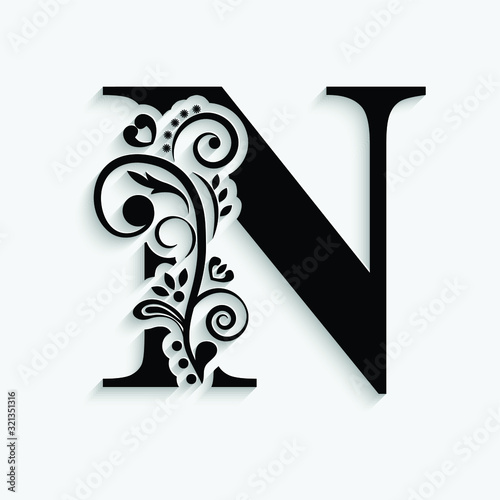 letter N. Black flower alphabet.  Beautiful capital letters with shadow
