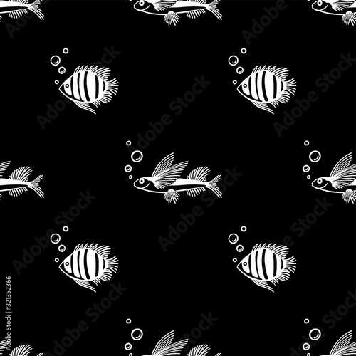 Seamless pattern with fish on black background. Trendy Sea pattern with fish and bubbles. Design use for aquarium shops, seaquarium, fish market and shop. For textile, wrapping, scrapbooking