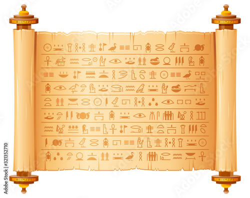 Ancient egyptian papyrus with hieroglyphs. Historical vector pattern from Ancient Egypt. 3d old scroll with script, pharaohs and gods symbols. Ornamen art design, text letter papyrus illustration photo