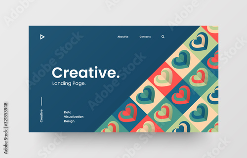 Valentine's day style сreative horizontal website screen part for responsive web design project. Abstract geometric pattern with heart banner layout mock up. Landing page vector illustration template.