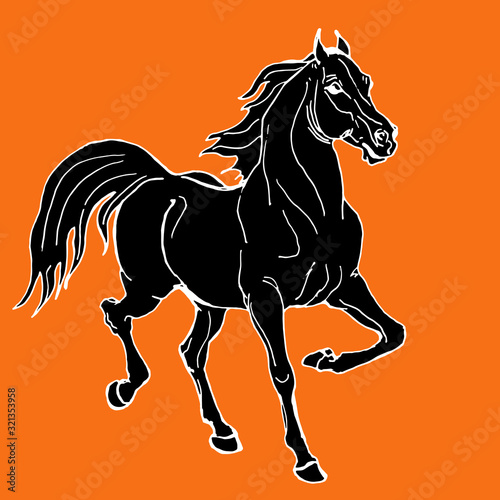 horse, drawing in the style of an ancient Greek black statuette on ceramics, vector isolated image on an orange background. Classical ancient Greek style 