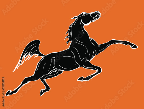 Galloping horse, drawing in the style of an ancient Greek black statuette on ceramics, vector isolated image on an orange background. Classical ancient Greek style 