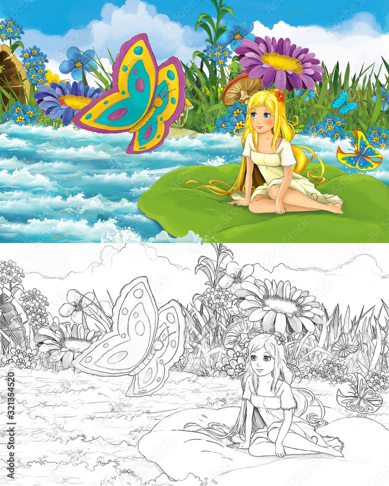 cartoon beautiful girl in the stream near some meadow with a wild butterfly with sketch illustration