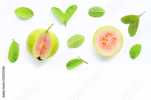 Fototapeta Naklejka Na Ścianę i Meble -  Pink guava with leaves on white background.