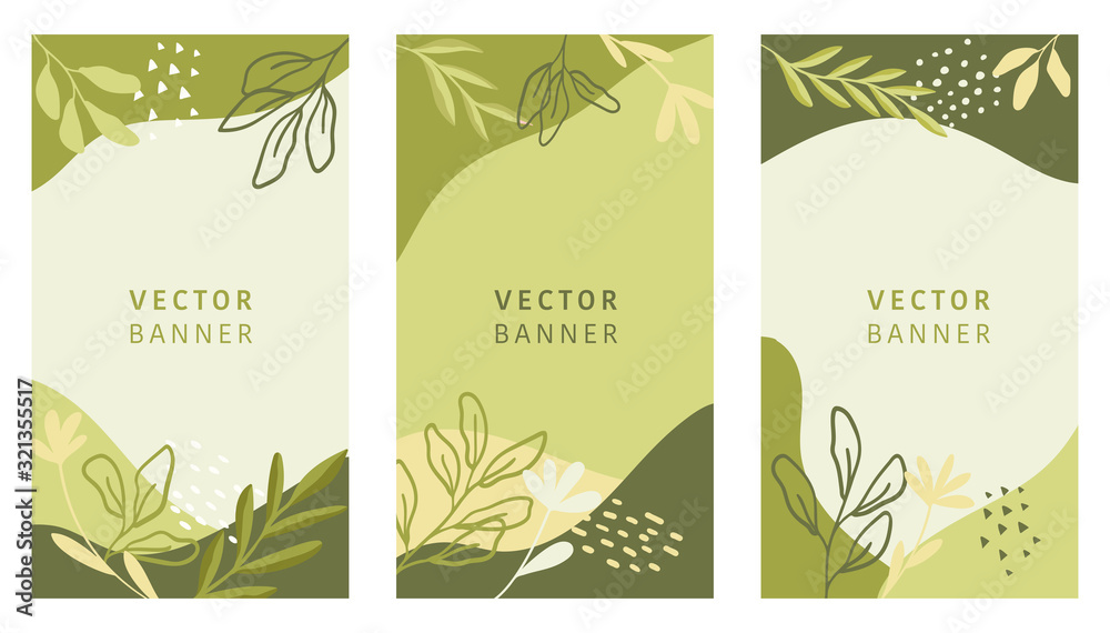 Abstract floral vector modern stories background. Hand-drawn leaves template.