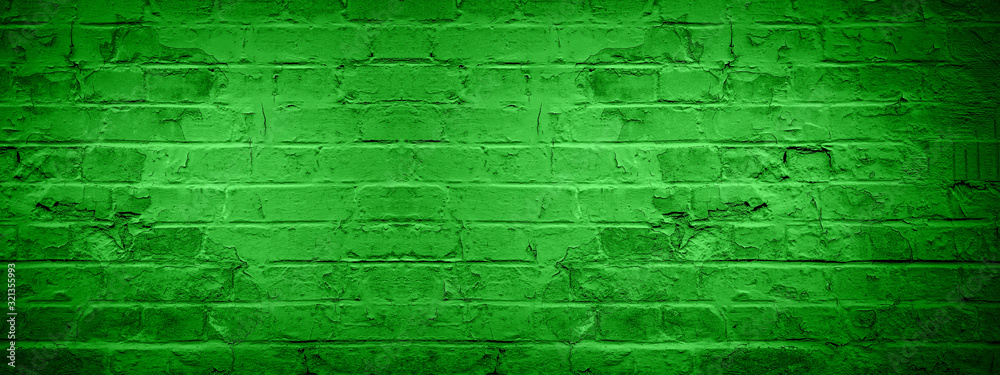 Green damaged rustic brick wall texture banner panorama, colorful trend color 2020 germany - obrazy, fototapety, plakaty 