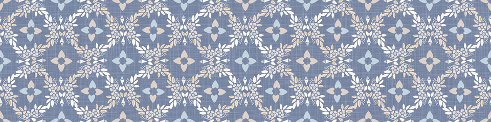 Handdoek met foto Landelijke stijl patronen Blauwe damast bloemenrand Frans linnen  © Limolida Studio