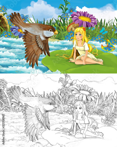 cartoon beautiful girl in the stream wild bird with sketch illustration