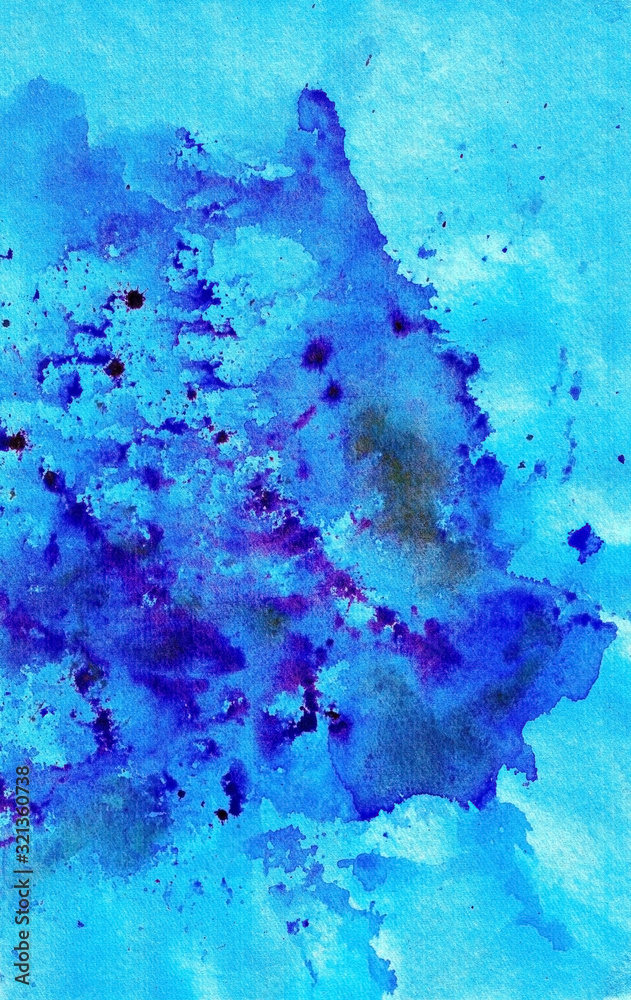 Watercolor stains, blots and stains on white paper. Different shades of turquoise and blue.