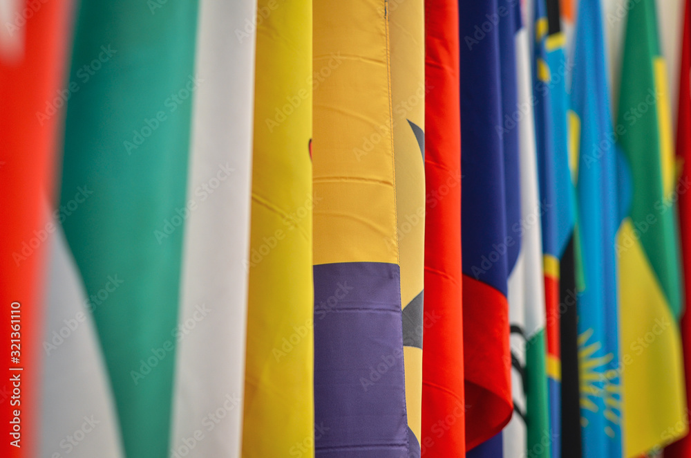Colorful national flags of different countries. Selective focus