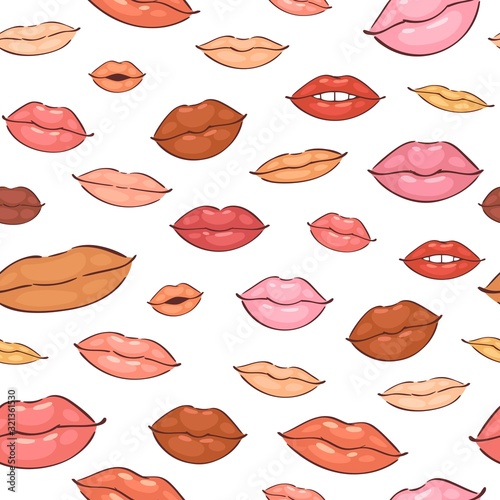 Lips seamless pattern hot love vector illustration sexy kissing background. Female pink colored lips isolated on white background for print on valentines day.