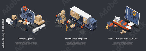Isometric Set Of Global Logistics, Warehouse Logistics, Maritime Transport Logistics. On Time Delivery Designed To Sort and Carry Large Numbers Of Cargo. Vector Illustration photo