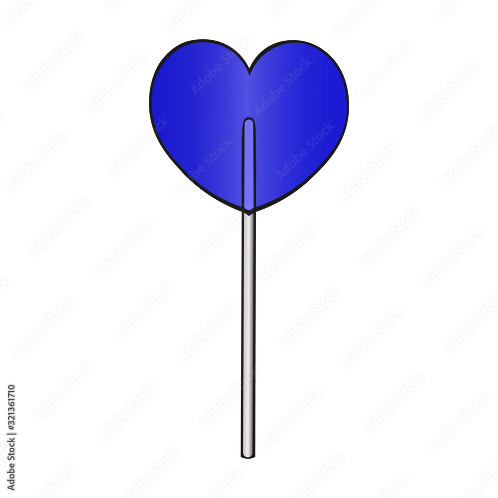 Lollipop, in the shape of a heart. Blue sugar caramel. Translucent candy. Color vector illustration. Romantic dessert for Valentine's day. Isolated background. Idea for web design.