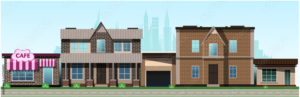 City in the afternoon. Residential buildings, cafes, school. Vector.