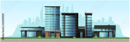 City in the afternoon. High-rise glass houses, residential buildings, cafes, school. Vector.