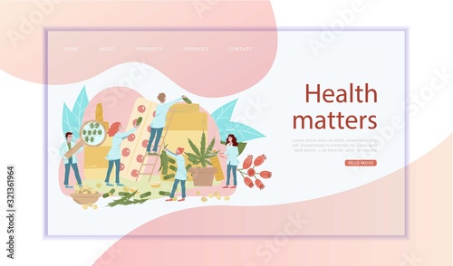 Laboratory medicines for health from plants and agricultural genetics website vector illustration. Scientist mini people make herbal medicine from plants. Medics analyzing plants, herbs and flowers