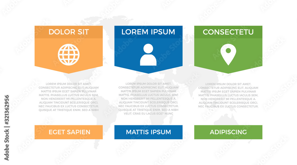 Obraz premium Set of orange, blue and green elements for infographic with world map presentation slides.