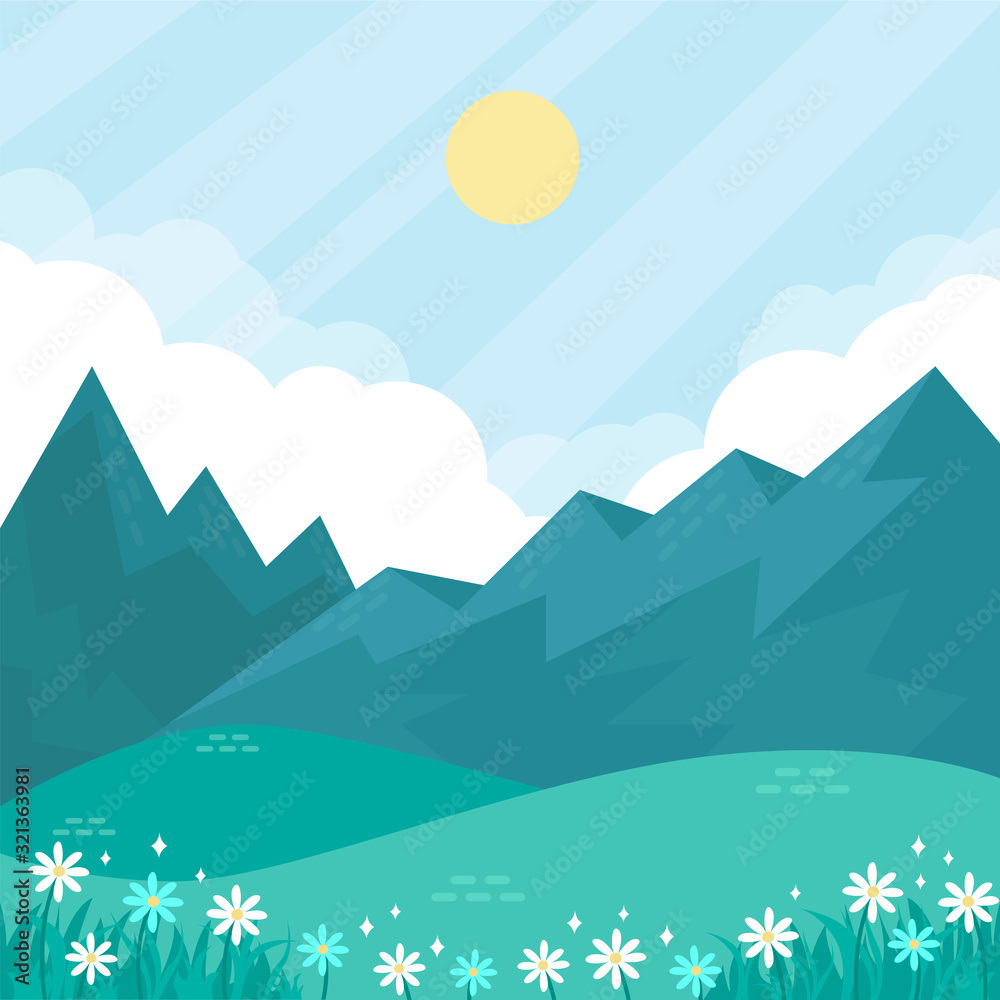 Spring natural landscape with flowers and misty mountains.Vector