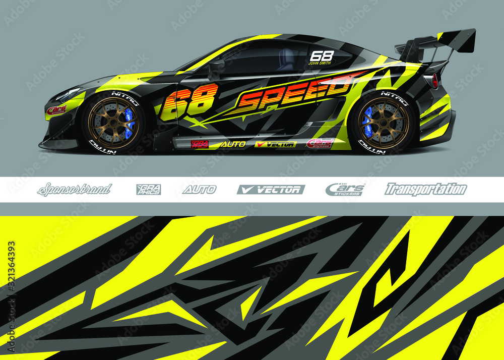 Racing car wrap decal graphic vector kit. Abstract stripe racing background designs for vinyl wrap race car, cargo van, pickup truck, adventure vehicle. Eps 10