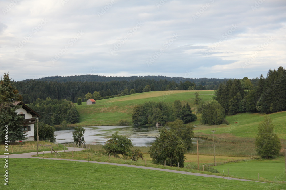 green hills with lake