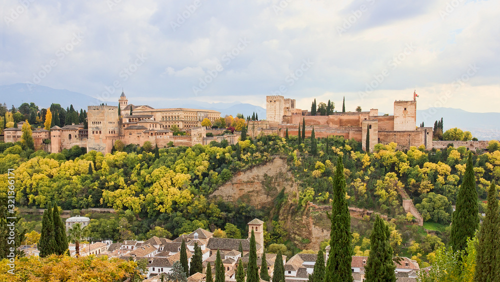 Panoramic view of the Alhambra of Granada from the Albaicin.