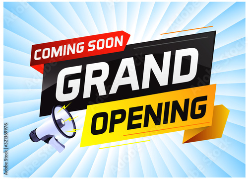 coming soon grand opening word concept vector illustration with megaphone and 3d, web, mobile app, poster, banner, flyer, background, gift card, coupon, label, wallpaper