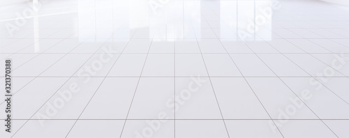 White tile floor background in perspective view. Clean, shiny and symmetry with grid line texture. For decor bathroom, kitchen and laundry room. And empty or copy space for product display. 3d render.