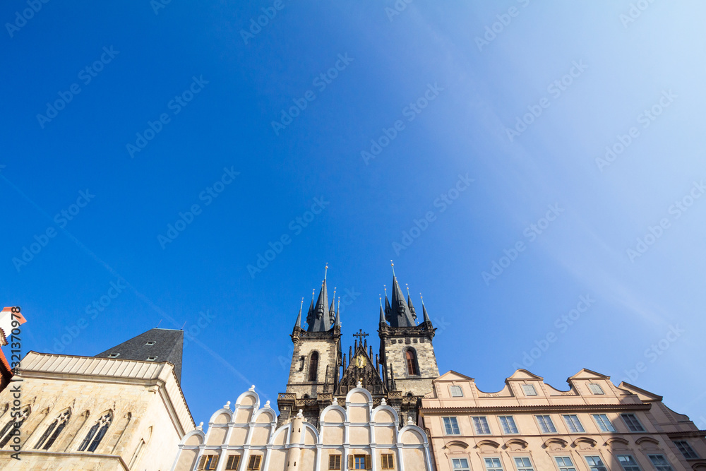 Prague Cathedral seen from below, in Old Town. Also called The Church of Mother of God before Tyn, or chram matky bozi pred tynem, it is a major landmark of the Czech capital