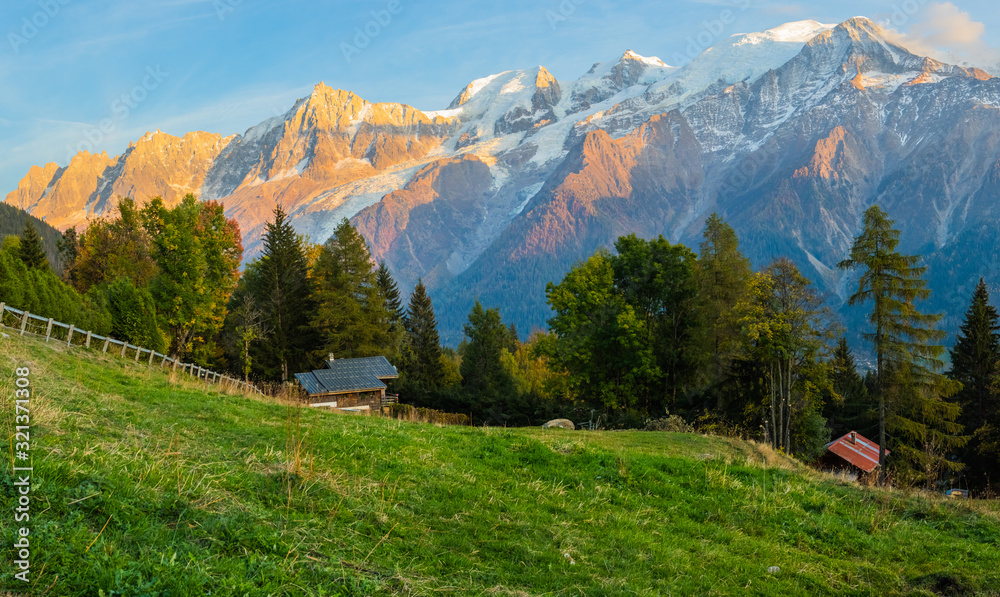 The French Alps and Mont Blanc Tower Above Pastoral Scene at Sunset