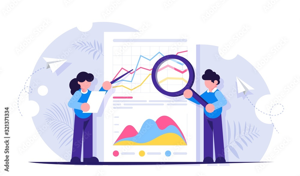 Employees work with paper documents. The concept of data analysis. Business consultants. Improving efficiency. Modern flat illustration for background.