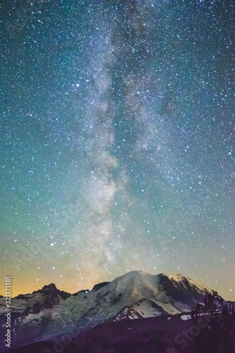 Starry Nightime Astrophotograph of the Milky Way Above Mount Rainier