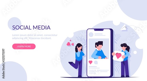 Social network. Dating sites. Girls consider the profile of a cute guy. Interest in communication. The desire to put like button. Flat modern illustration for background.