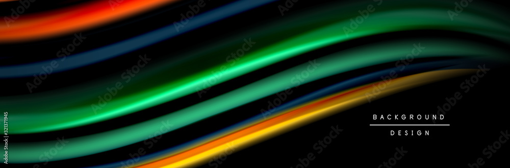 Silk and smooth flow wave poster design. Color waves, liquid style lines and shapes in black color background