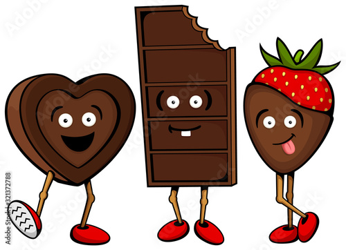 Vector illustration of three cartoon chocolate candy characters: a chocolate heart, a chocolate bar, and a chocolate-dipped strawberry.