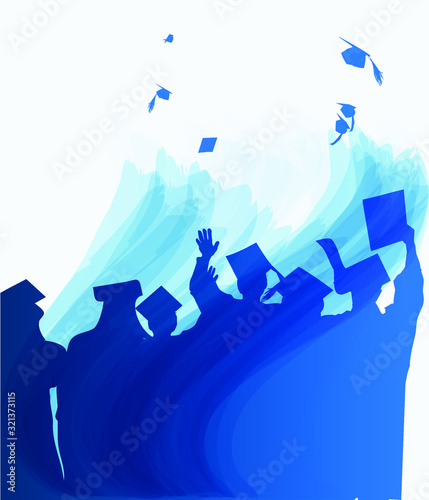 Graduation silhouettes with mortars flying.