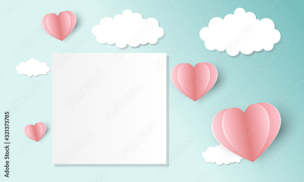 illustration of love and valentine day with heart baloon and square frame. Paper cut style. Vector illustration