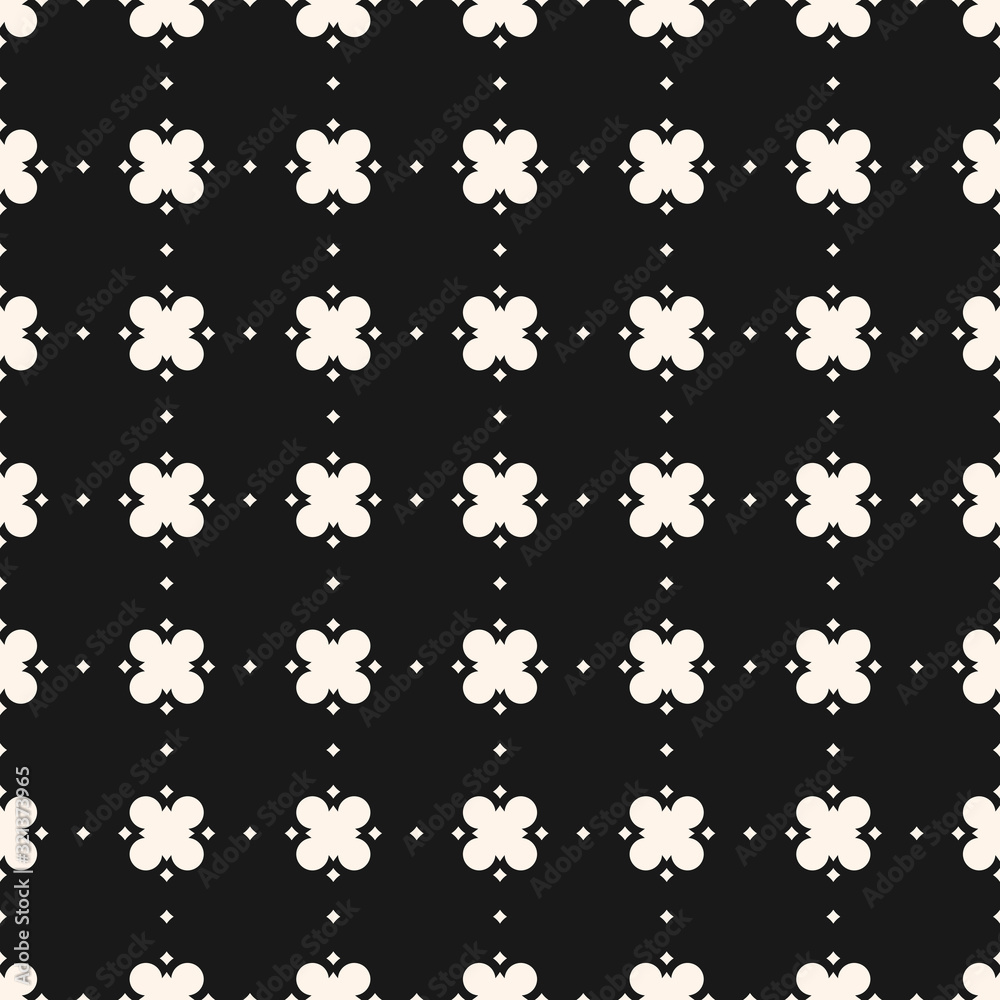 Geometric floral pattern. Ornamental seamless texture in Asian style. Vector monochrome ornament with flower silhouettes, small diamond shapes. Black and white repeat background. Elegant dark design Geometric floral pattern. Ornamental seamless texture in Asian style. Vector monochrome ornament with flower silhouettes, small diamond shapes. Black and white repeat background. Elegant dark design
